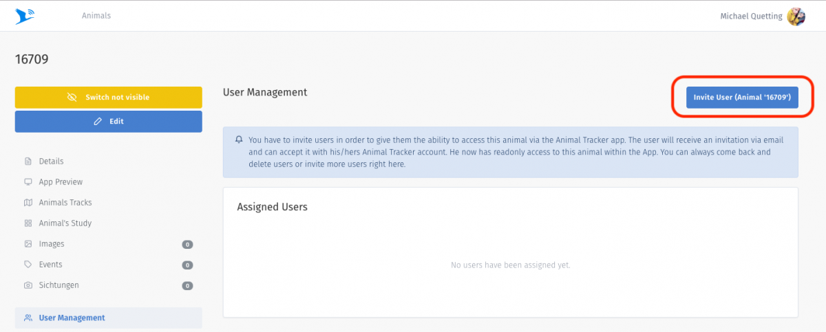Image of the User Management menu with the INvite User option at the top right circled.
