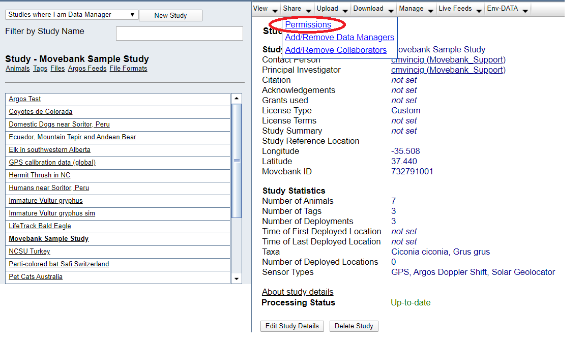Image of the Studies page in Movebank with the Permissions option under the Share menu circled.