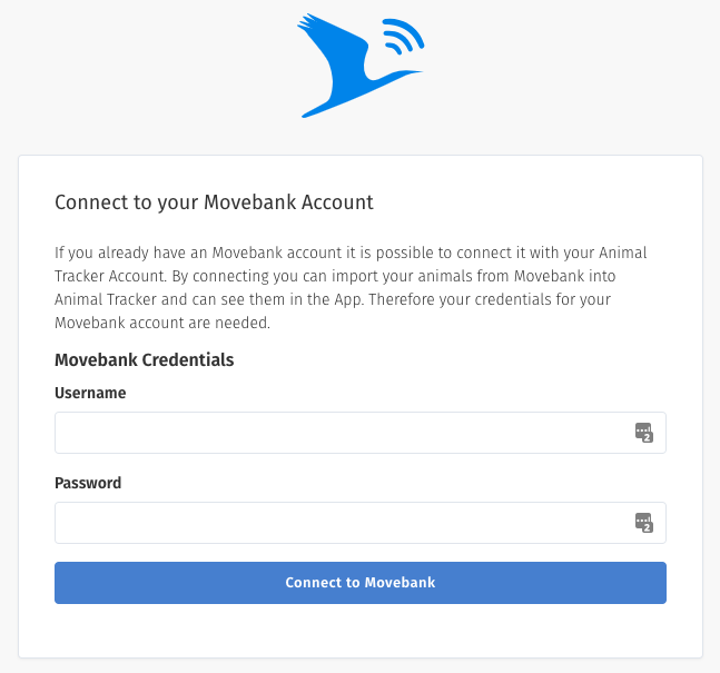 Image of the screen that requests a user's Movebank credentials needed to connect an account to the app.