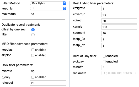 Image of filter options including Filter Method, keep_lc, maxredun, Duplicate record treatment, MRD filter advanced parameters, DAR filter Parameters, Best Hybrid filter parameters, and Best of Day filter.
