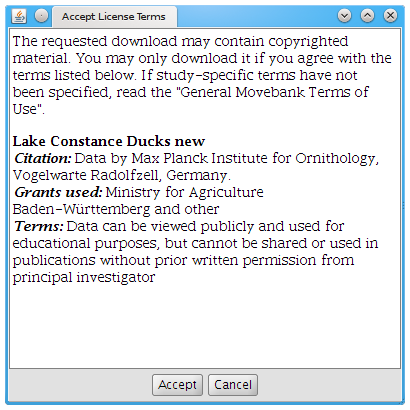 An image of the Accept License Terms window with the details of the license terms of the Lake Constance Ducks new study. These include a required citation, names of the grants used in the study, and the terms, which are that the data can be viewed publicly and used for educational purposes, but not in any publications without prior written permission from the principal investigator.