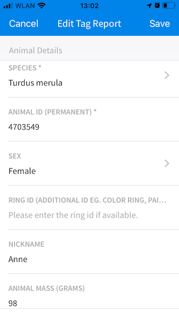 Screenshot of the Edit Tag Report menu on a cell phone with Species, Animal ID, Sex, Nickname, and Animal Mass filled in.