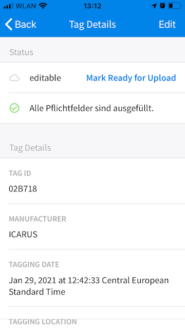 Screenshot of Tag Details on a cell phone showing the Mark Ready for Upload option near the top.