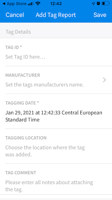 Screenshot of the Add Tag Report function on a cell phone.