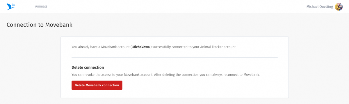 Image of the screen that the Movebank Connection option opens, showing the Delete Connection button.