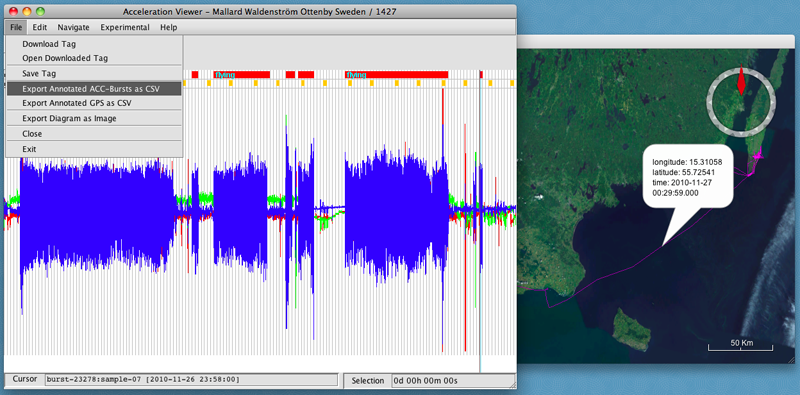 Same as image above, but with the Export Annotated ACC-Bursts as CSV option selected from the File menu.