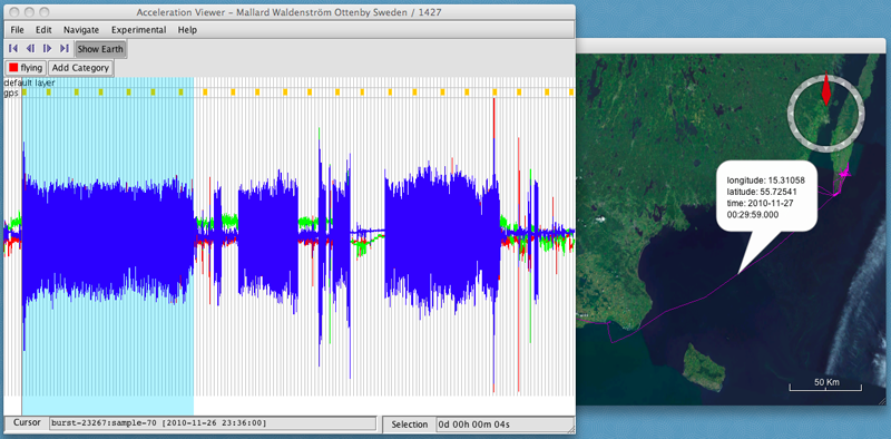 Same image of the Acceleration Viewer with a section of the graph selected as described.