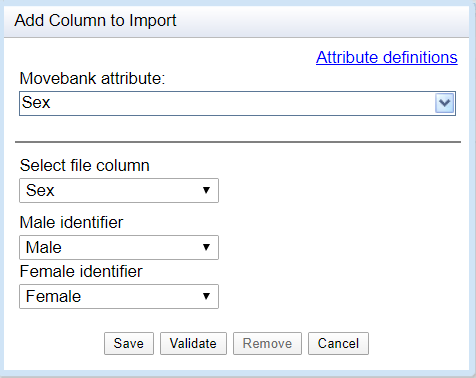 Add Column to Import window. Movebank attribute set to Sex. Select file column dropdown set to Sex. Male identifier dropdown set to Male. Female identifier set to Female. Save, validated, remove, and cancel buttons at the bottom.