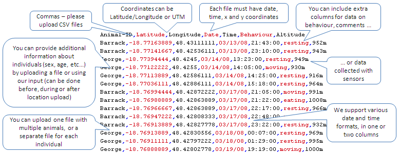 Example image of .csv file opened in a text file. Columns are separated by columns. Coordinates can be Latitude/Longitude or UTM, Each file must have date, time, x and y coordinates. You can include extra columns for data on behavior, comments, or data collected with sensors. We support various date and time formats, in one or two columns. You can provide additional information about individuals like sex, age, etc... by uploading a file or using our input which can be done before, during, or after the location upload. You can upload one file with multiple animals, or a separate file for each individual.