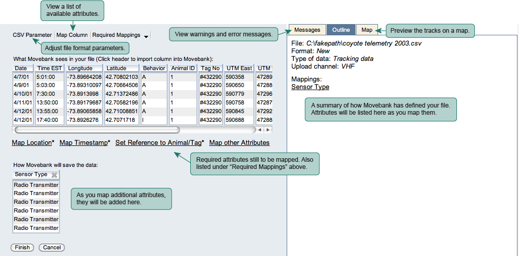 Import Menu where you map the data in your file to the attributes in Movebank. Details inlcude CSV Parameter which lets you adjust file format parameters; Map Column to view a list of available attributes; Messages tab where you can view warnings and error messages; Map tab to preview the tracks on a map; A summary of how movebank has defined your file. Attributes will be listed here as you map them; And as you map additional attributes, they will be added at the bottom.