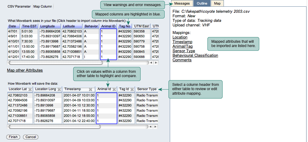 Image of data upload screen with completed mappings. Mapped columns at the top are highlighted in blue. Click on values within a column from either table to highlight and compare. Select a column header from either table to review or edit attribute mapping. Mapped attributes that will be imported will be listed under the Outline tab. You can vew warnings and error messages under the message tab.