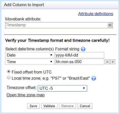 Add Column to Import window. Movebank Attribute set to Timestamp. Verify your Timestamp format and timezone carefully! Selecte date/time columns in leftmost dropdown menus. Format strings in fields to the right of the attributes selected in the dropdowns. Select either 'Fixed offset from UTC' or 'Local time zone, e.g. "PST" or "Brazil/East."' Timezone offset dropdown menu. Open time zone map button. Save, validate, remove, cancel buttons at the very bottom.