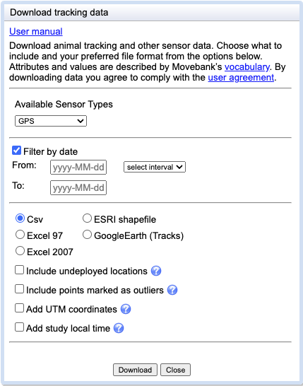 Image of window showing the options for Downloading tracking data, including sensor types, date range, and file format.