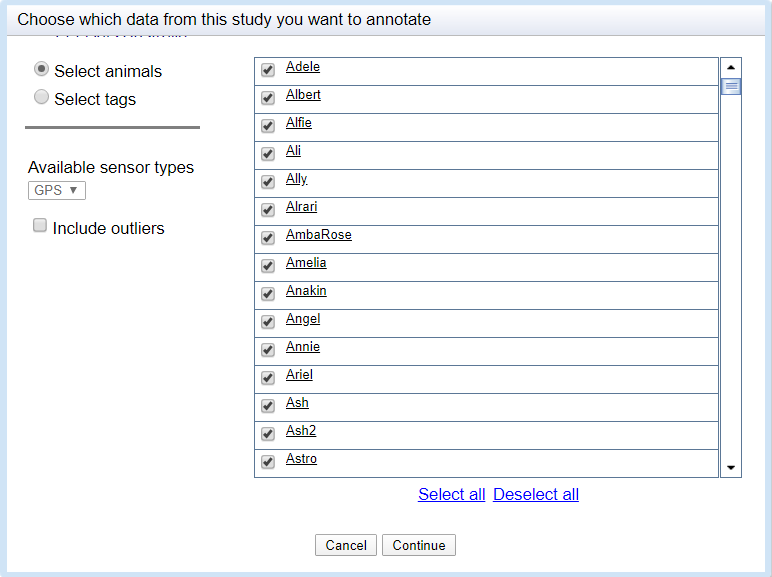 Image of the menu where you select which data from the study you want to annotate.