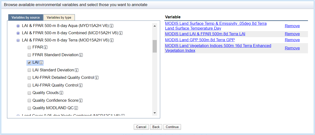 Image of environmental variable selection menu.