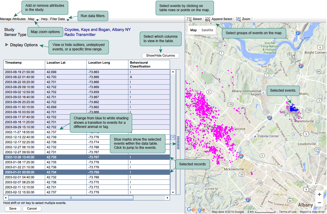 Labeled image of the Event Editor. Manage Attributes will add or remmove attributes in the study. Map tab with zoom options. Filter data menu to run data filters. Display options dropdown menu will let you view or hide outliers, undeployed events, or a specific time range. Show/Hide Columns button allows you to select which columns to view in the table. Change from blue to white chading shows a transition to events for a different animal or tag. Blue marks on the right show the selected events within the data table. Clicking on them lets you jump to the events. Selected records are highlighted in deep blue. Select events by clicking on table rows or points on the map. The Append Select button lets you select groups of events on the map. Selected events in the map are highlighted in deep blue. Unselected events in the map are shown in magenta.