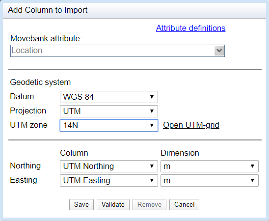 Add Column to Import menu. Movebank attribute set to Location. Geodetic system menu includes Datum, Projection, and UTM zone dropdown menus and a button to open UTM-grid. Column and Dimension dropdown options for Northing and Easting. Save, validate, remove, and cancel buttons at the bottom.