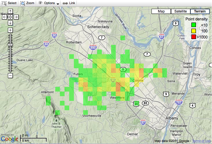 Density map displaying the areas of higher traffic for selected animals.