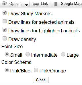 Options menu. Has check boxes to Draw Study Markers, Draw lines for the selected animals, draw lines for the highlighted animals, and draw density. Point Size can be set to Small, Intermediate, or Large. Color Schema can be set to Pink/Blue or Pink Orange.