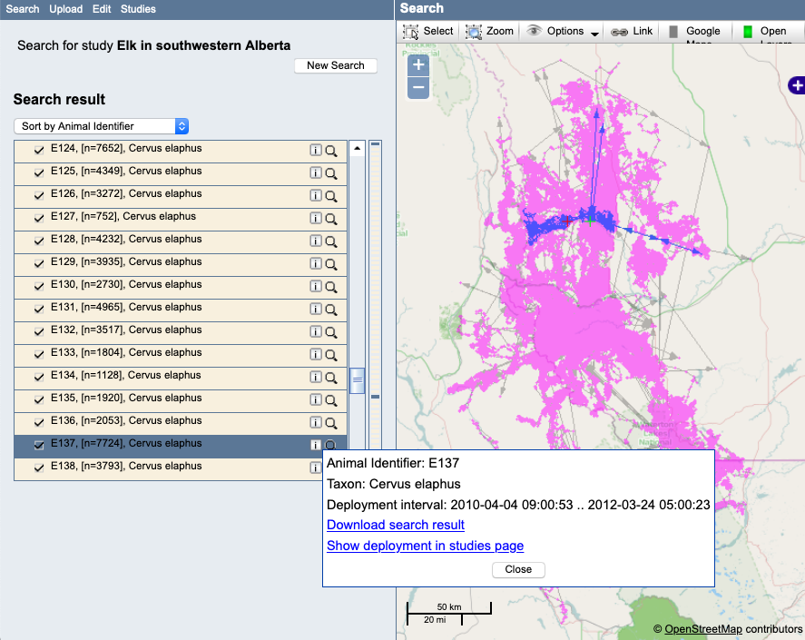 Image of studies and map with the "i" button displaying the Animal Identifier; Taxon: Cervus elaphus; Deployment interval; Download search result link; Show deployments in studies page.