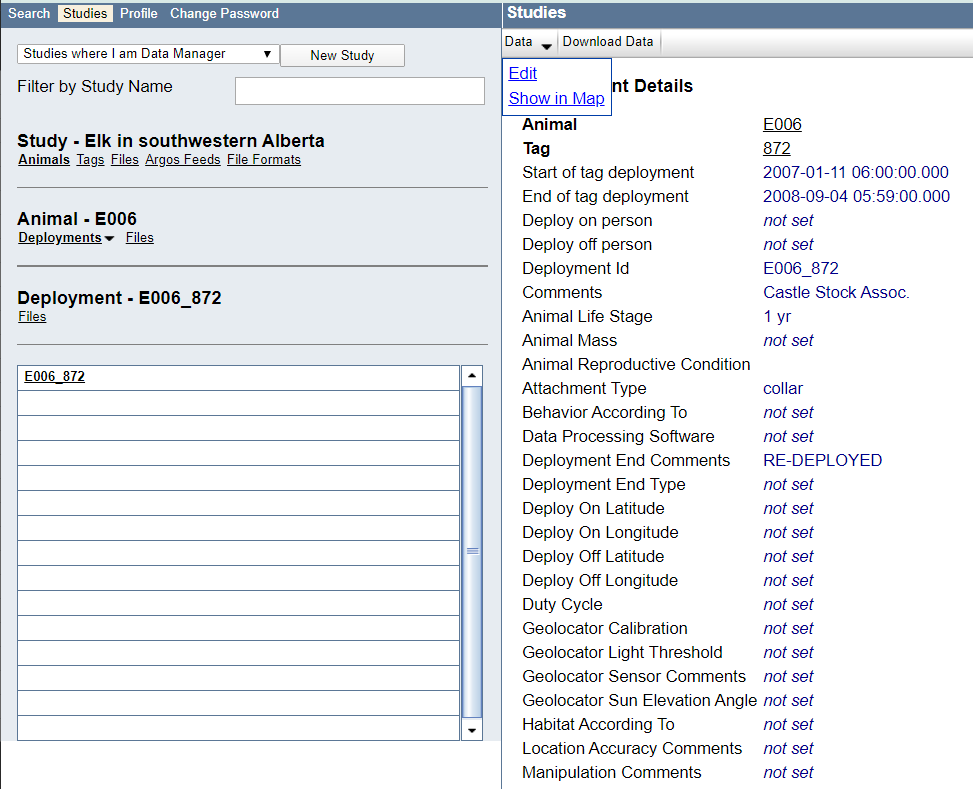 Image of Study Details page with Data menu open, showing Edit and Show in Map.