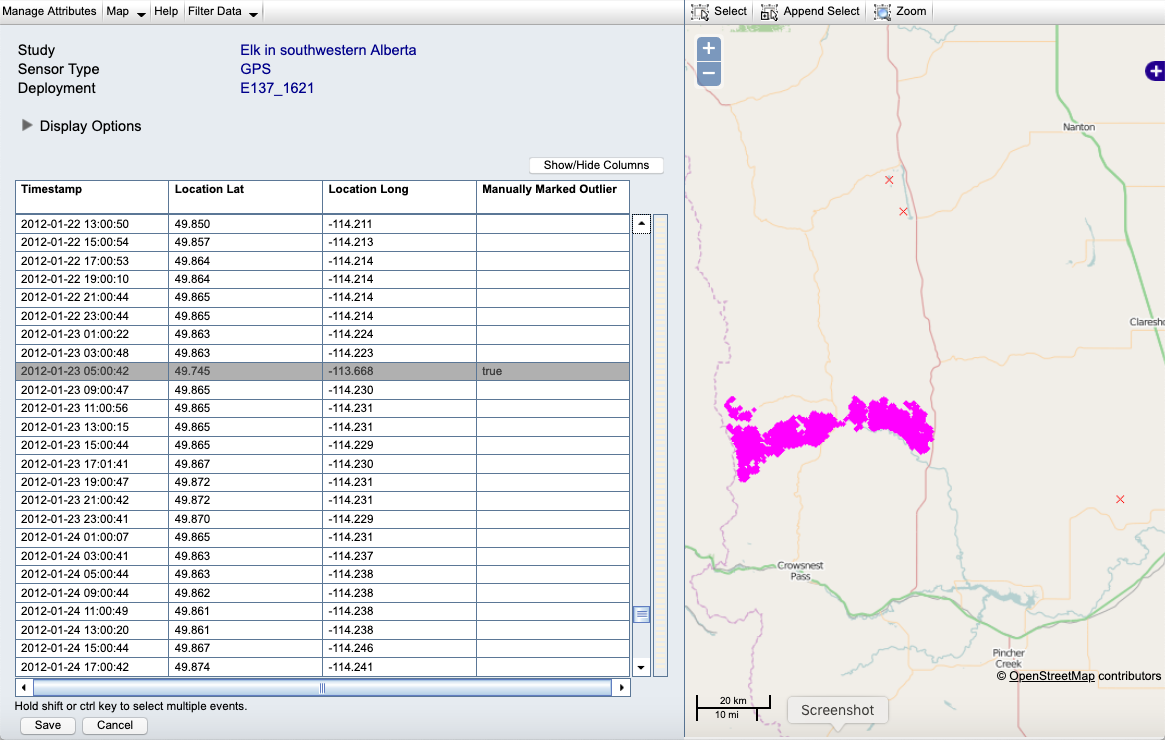 As the previous image, but after flagging the outliers (red Xs)