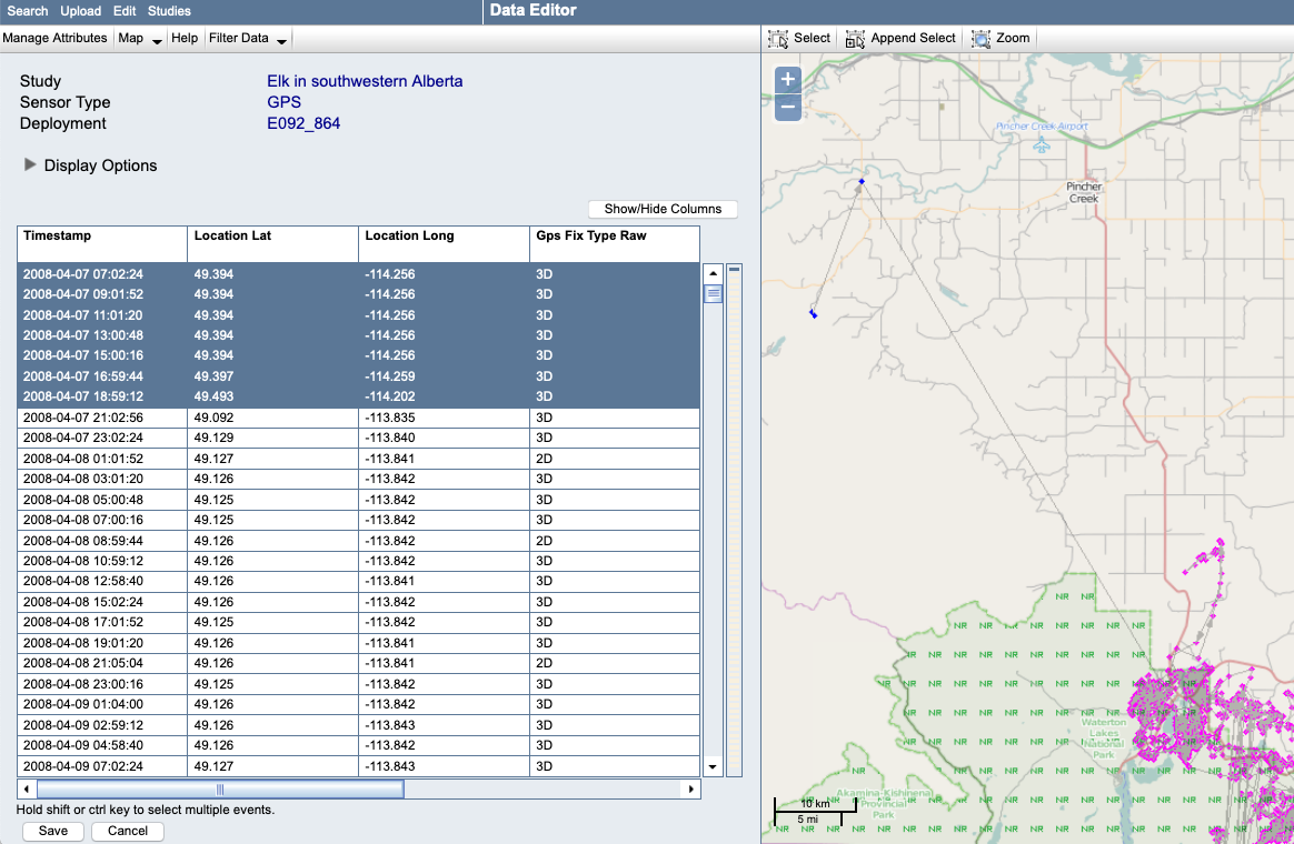 Image of Data Editor with a number of rows highlighted.