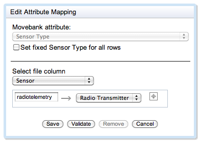 Edit Attribute Mapping window similar to above, but with radiotelemetry selected under sensor.