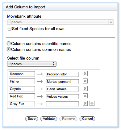 Add Column to Import window. Movebank attribute is set to Species. Set fixed Species for all rows checkbox unselected. Column contains scientific names is not selected. Column contains common names is selected. Select file column is set to Species. Text fields are below to associate common names in the left column with taxon in the right column. Save, validate, remove, and cancel buttons at the bottom.
