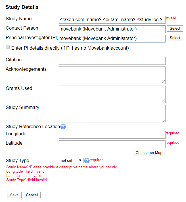 Image of Study Details prompt including Study Name, Contact Person, Principal Investigator, Citation, Acknowledgements, Grants Used, Study Summary, Study Reference Location, Longitude, Latitude, and Study Type.