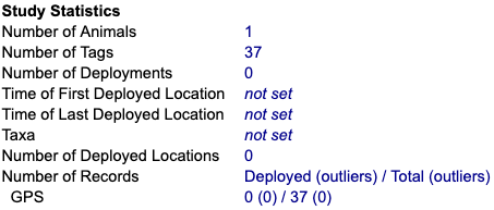 Study Statistics; Number of Animals set to one; Number of Tags set to thirty-seven; Number of Deployments set to 0; Time of First Deployed Location not set; Time of Last Deployed Location not set; Taxa not set; Number of Deployed Locations Number of Records; GPS set to 0 (0)/37 (0)