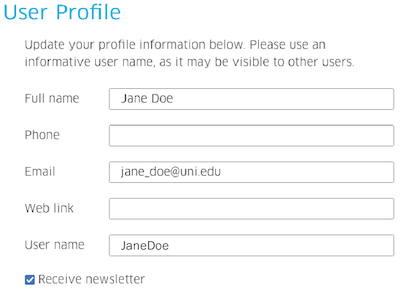 User Profile details page. It states "Update your profile information below. Please use an informative user name, as it may be visible to other users." followed by fields for Full name, Phone, Email, Web link, User name, and a checkbox for whether or not you would like to Receive newsletter.